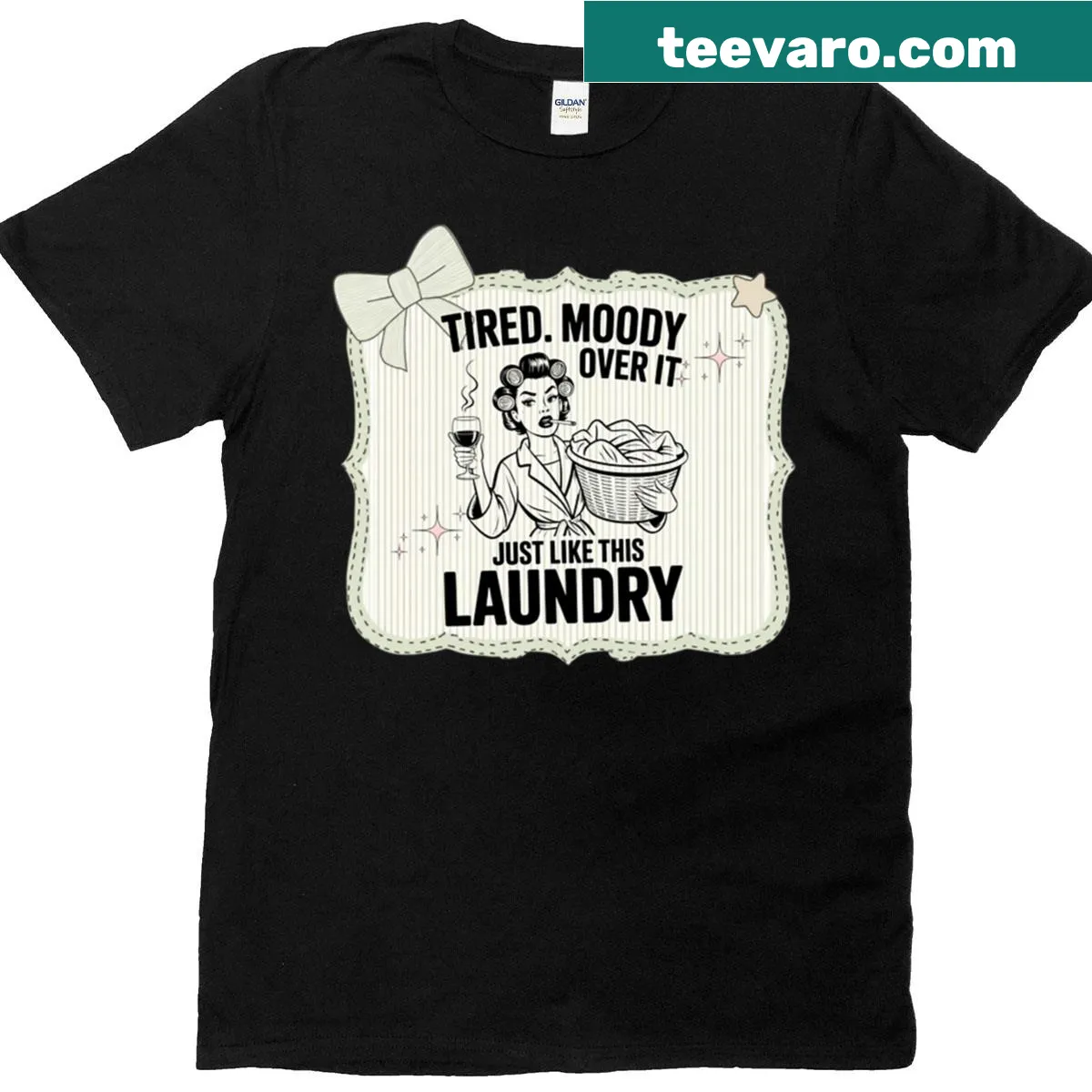 Funny retro housewife graphic t-shirt with laundry theme — on a men's t-shirt