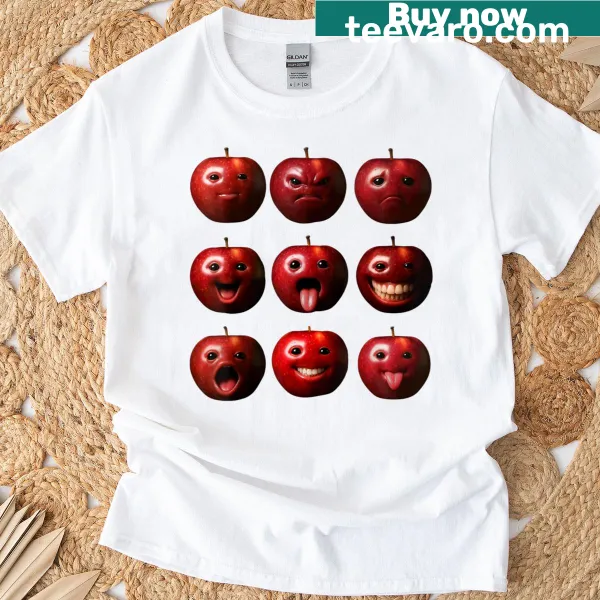 Humorous apple graphic T-shirt with Gen Z meme themes