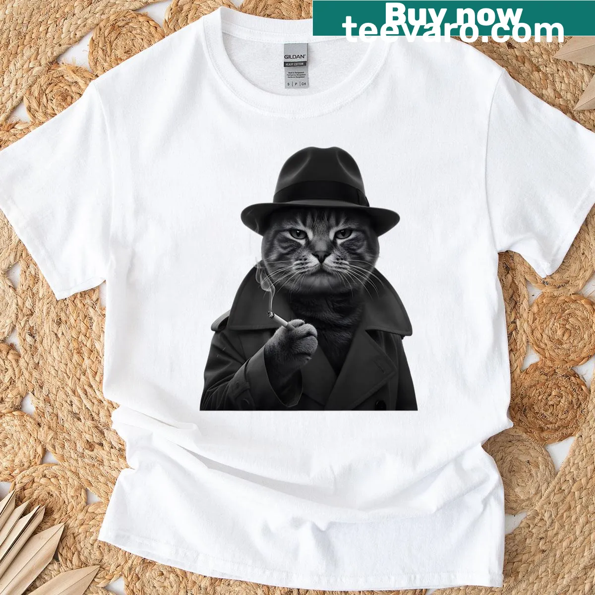 Graphic t-shirt of a kitten smoking a cigarette for cat lovers — on a men's t-shirt