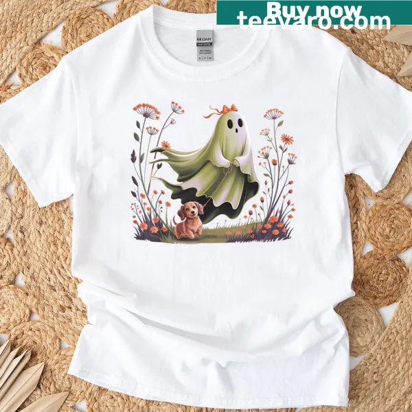 Illustrated T-shirt with a ghost dachshund and floral design