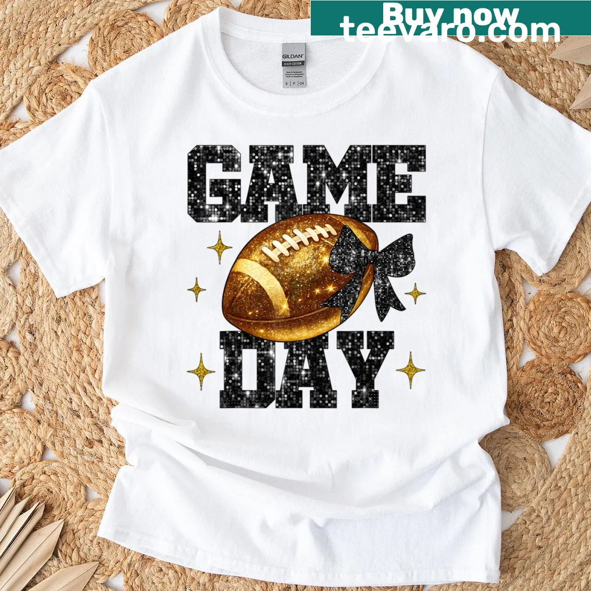 Game Day t-shirt for cheer moms featuring a black and gold bow design — on a men's t-shirt