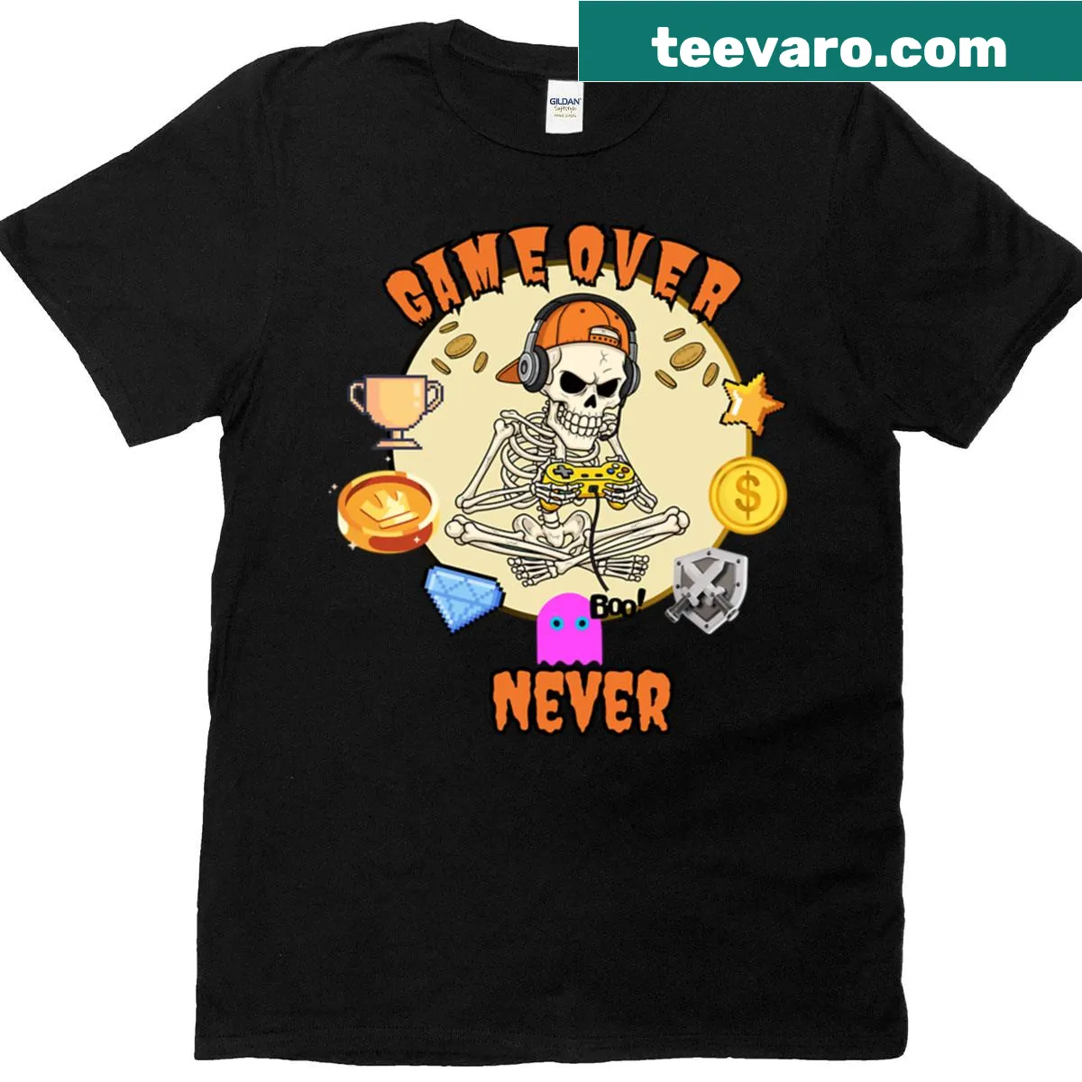 Cartoon skull design for gamers on a Halloween t-shirt — on a men's t-shirt