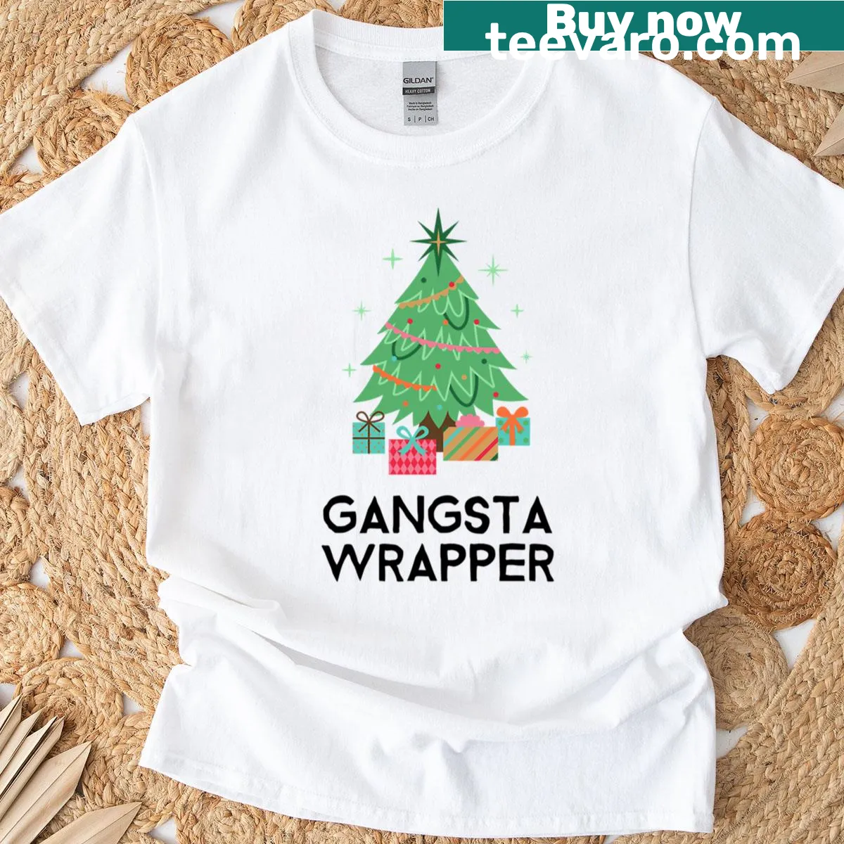 Vintage distressed graphic with a pun on 'Gangsta Wrapper' on a t-shirt — on a men's t-shirt