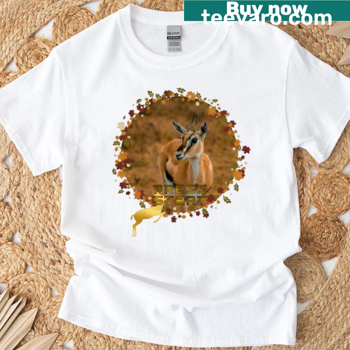 Gaming T-shirt with a gazelle character start screen design — on a men's t-shirt