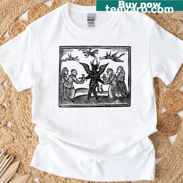 Woodcut-style T-shirt with a playful devil-themed graphic