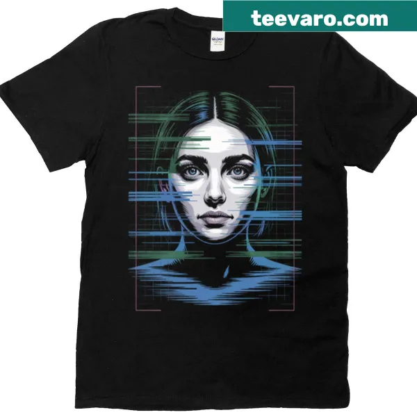 Cyberpunk woman graphic t-shirt with glitch art design
