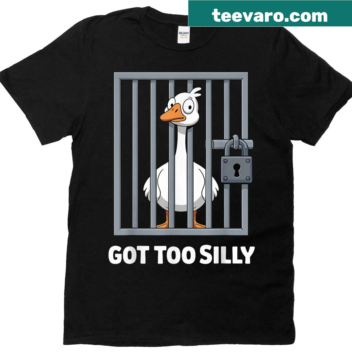 Cartoon goose with a humorous pun graphic T-shirt — on a men's t-shirt