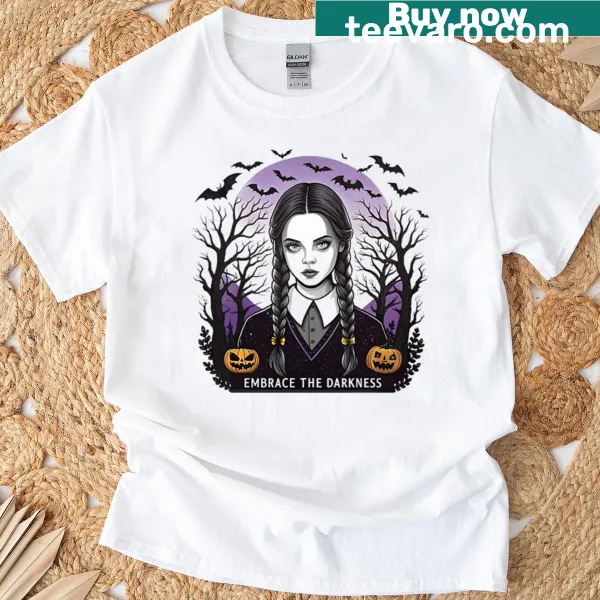 Gothic girl graphic t-shirt with bats and pumpkins
