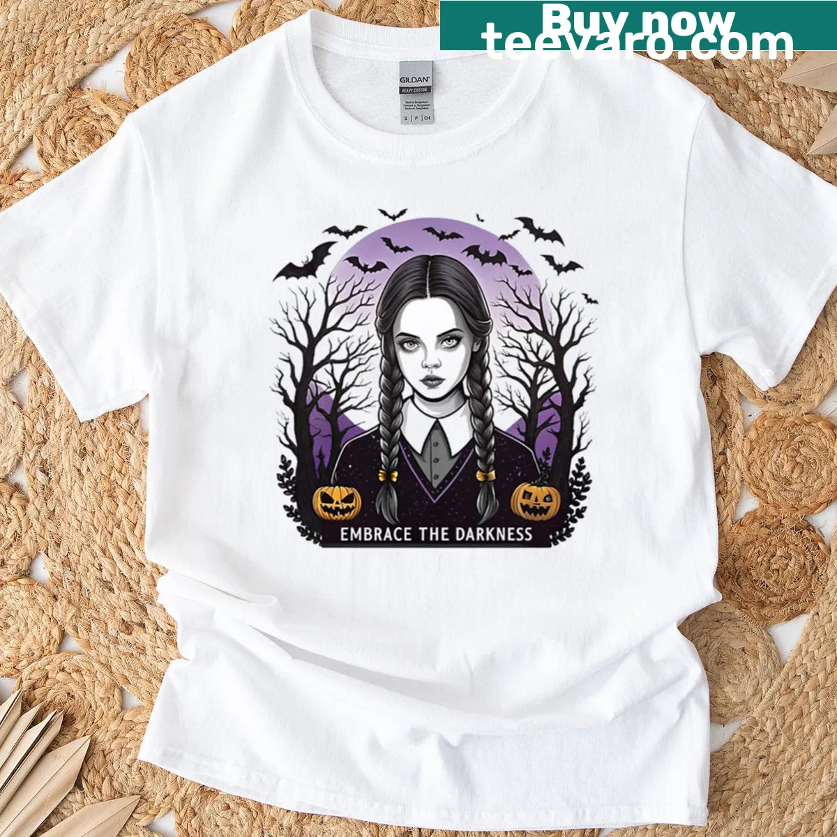 Gothic girl graphic t-shirt with bats and pumpkins — on a men's t-shirt