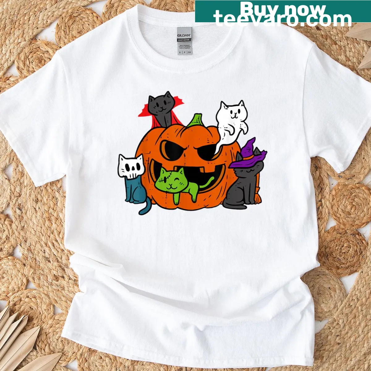 Funny Halloween shirt with vampire, ghost, zombie, witch, and cats in pumpkins — on a men's t-shirt