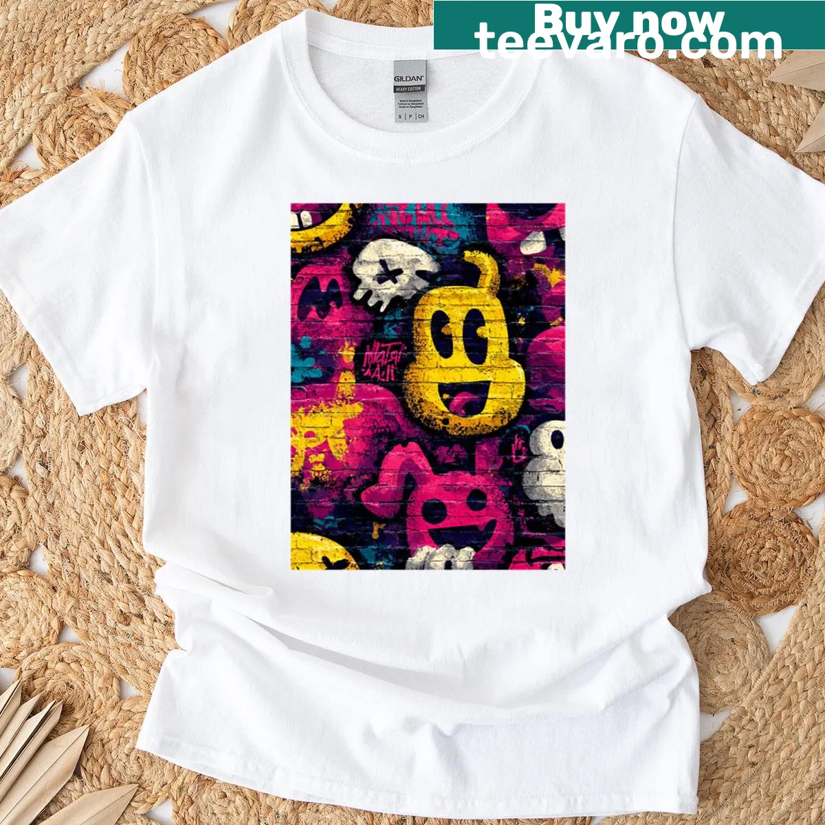 Cartoon character pattern in graffiti style on a T-shirt — on a men's t-shirt