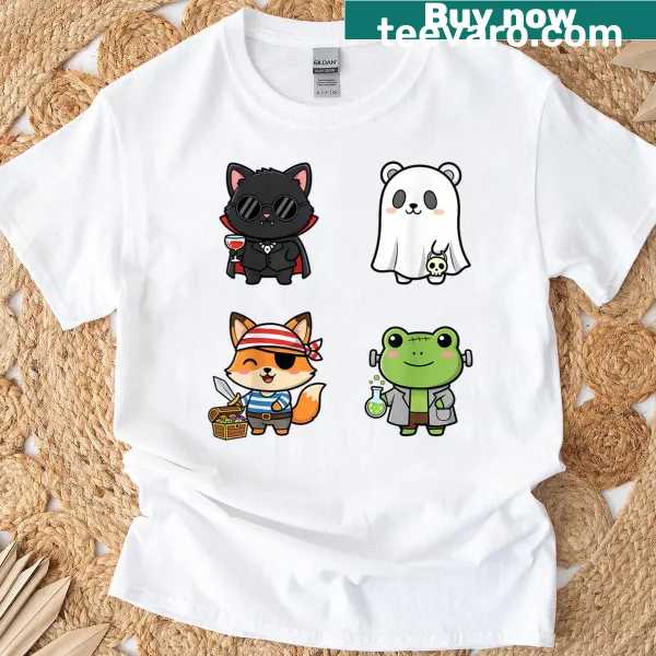 T-shirt featuring various animals in Halloween costumes