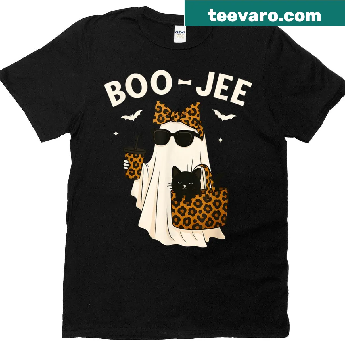 Cute leopard ghost Halloween design with coffee elements — on a men's t-shirt