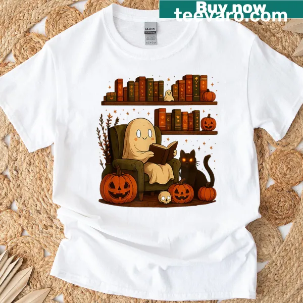 Cute t-shirt featuring a ghost cat reading in a library