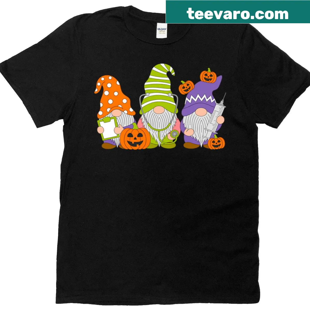 Funny Halloween T-shirt featuring a cartoon gnome in a nurse costume — on a men's t-shirt