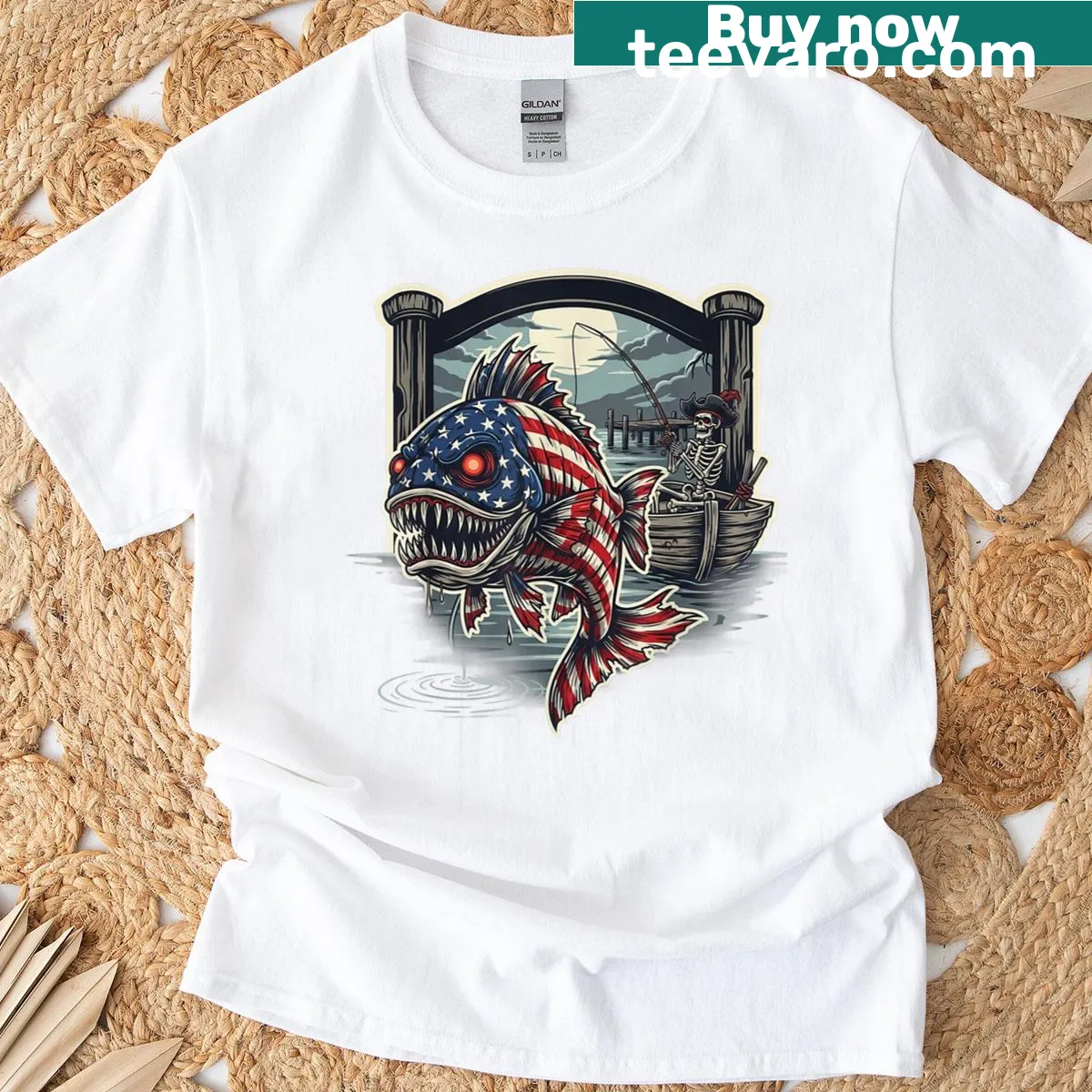 Funny Halloween fish skeleton pirate t-shirt with American flag design — on a men's t-shirt
