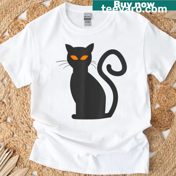 Cute Halloween cat t-shirt with bright orange eyes and spooky design