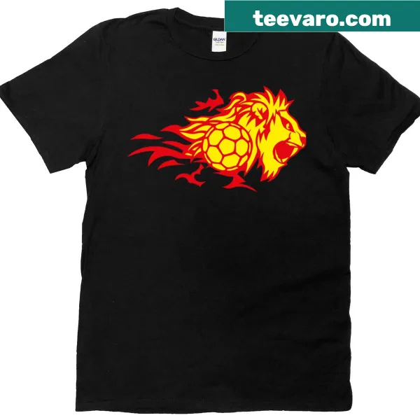 Fire-themed lion logo on a handball t-shirt