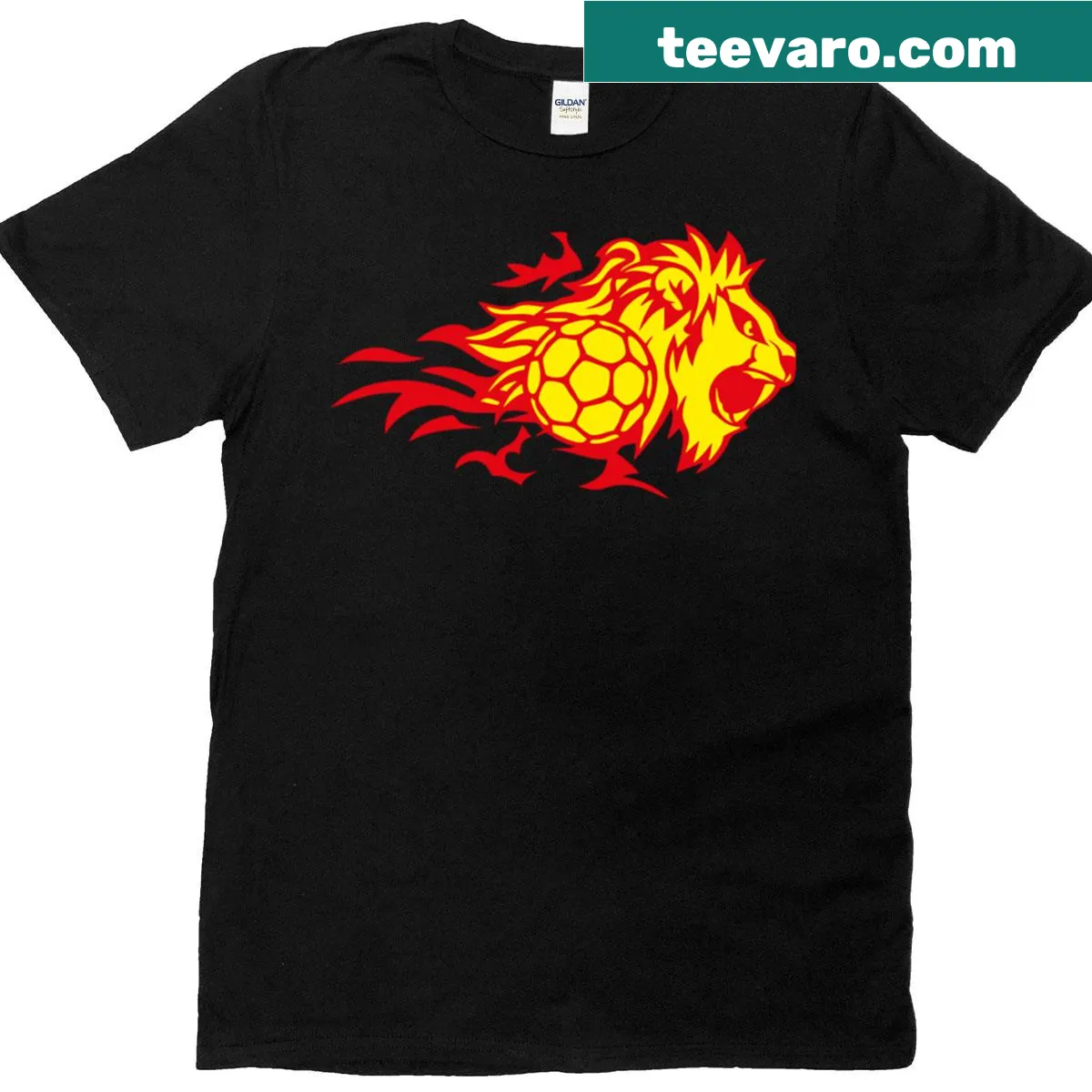 Fire-themed lion logo on a handball t-shirt — on a men's t-shirt