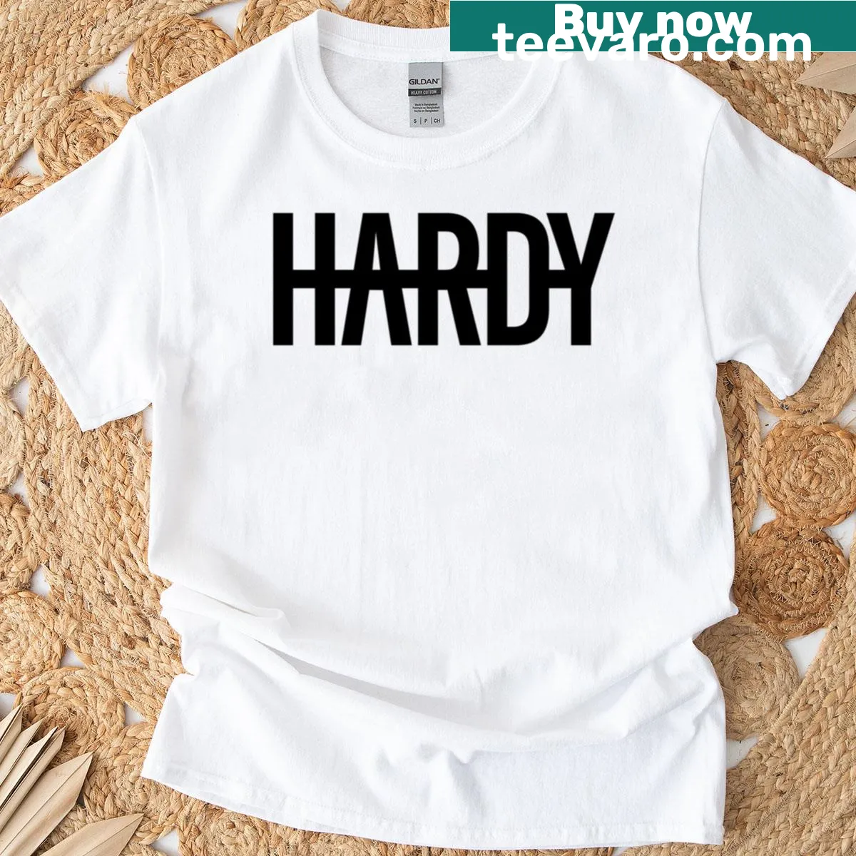 T-shirt featuring the Hardy Merch logo in a bold design — on a men's t-shirt
