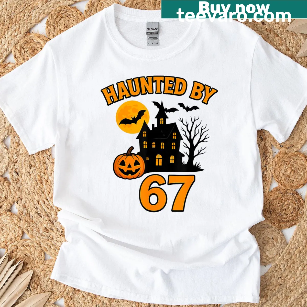 Funny Halloween T-shirt featuring the phrase 'Haunted By 67' — on a men's t-shirt