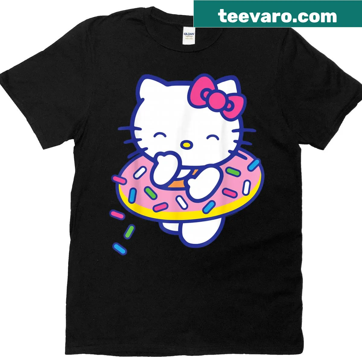 Hello Kitty floating with a donut on a T-shirt — on a men's t-shirt
