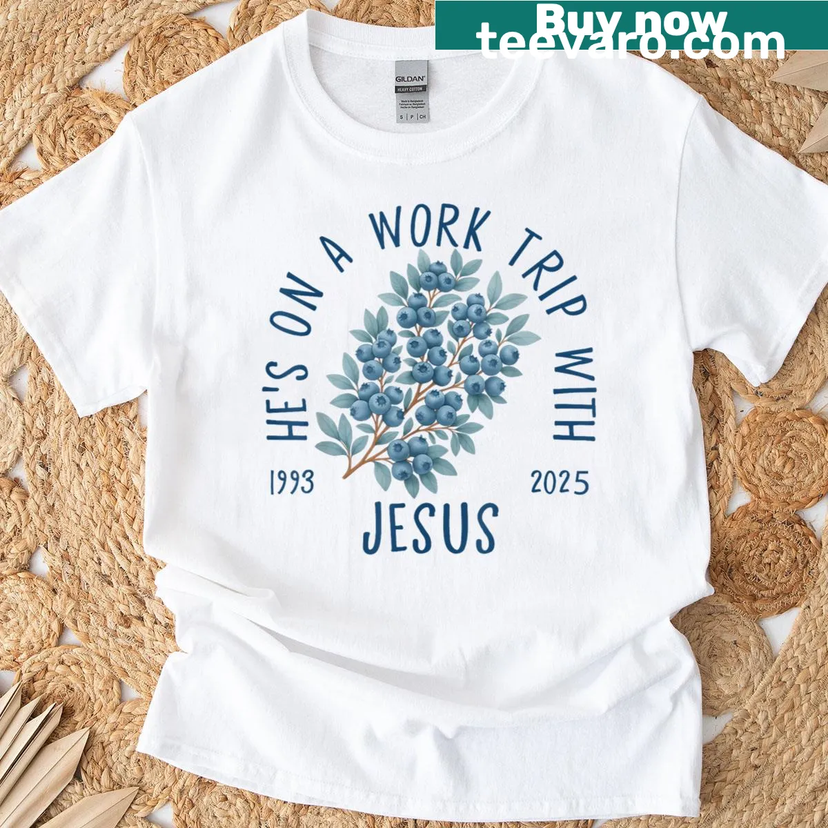 Faith memorial t-shirt featuring the phrase about a work trip with Jesus — on a men's t-shirt