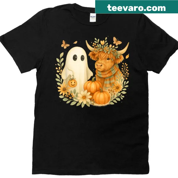 Watercolor T-shirt of a ghost Highland cow in a pumpkin patch
