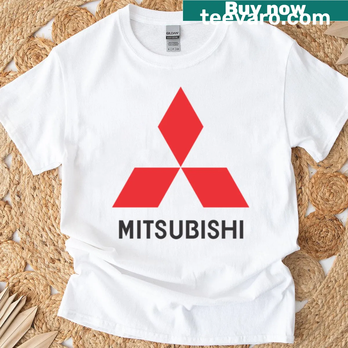 T-shirt featuring a Highland Mitsubishi vehicle against a scenic lake view — on a men's t-shirt