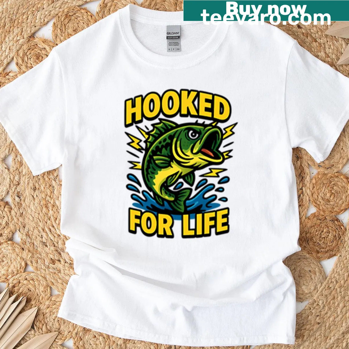 Cartoon graphic t-shirt featuring a bold bass design — on a men's t-shirt