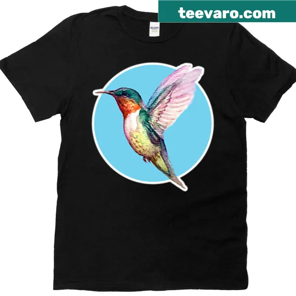 Illustration of a hummingbird in flight against a blue sky on a t-shirt