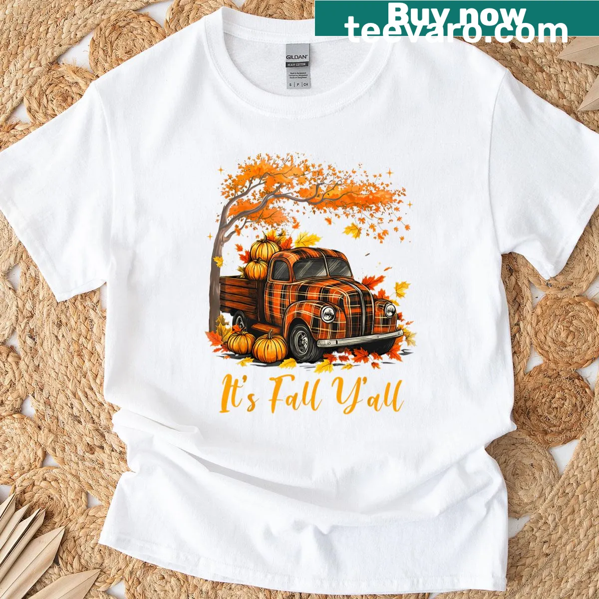 Illustration of a pumpkin truck surrounded by autumn trees on a women's t-shirt — on a men's t-shirt