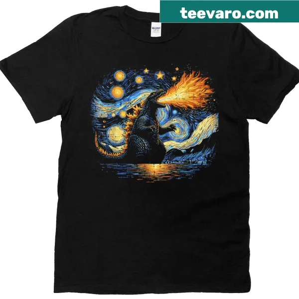 Funny kaiju art on a starry night t-shirt