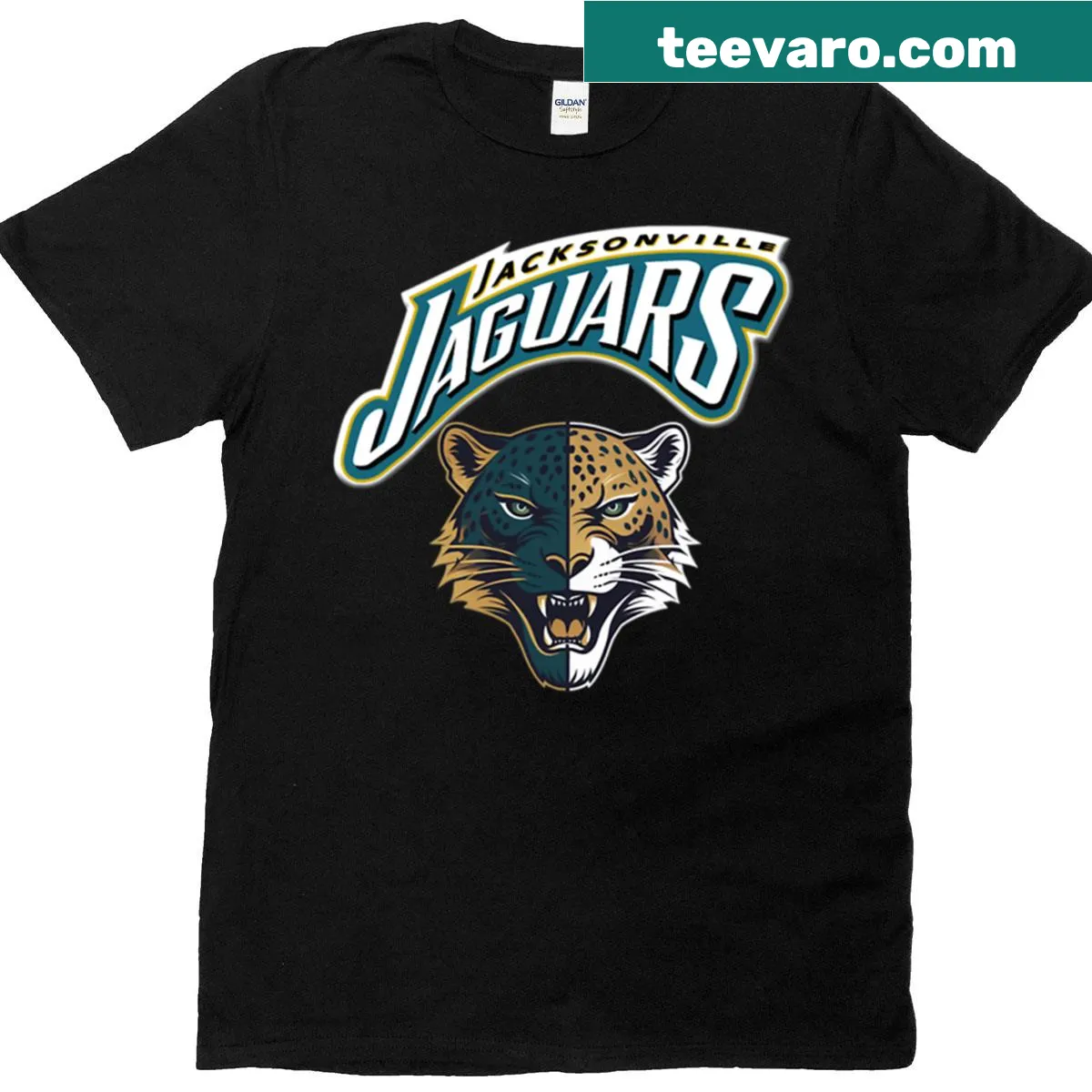 Jax Duval Jaguars T-shirt featuring a mascot logo and dynamic stripes — on a men's t-shirt
