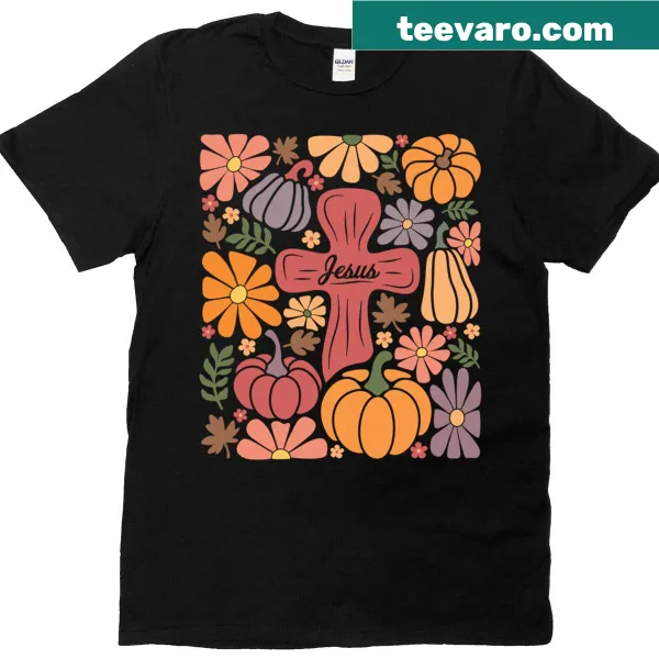 Retro T-shirt featuring Jesus Christ with fall flowers design