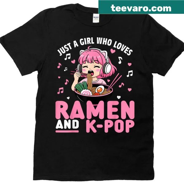 Cute graphic T-shirt featuring anime, ramen, and K-pop elements