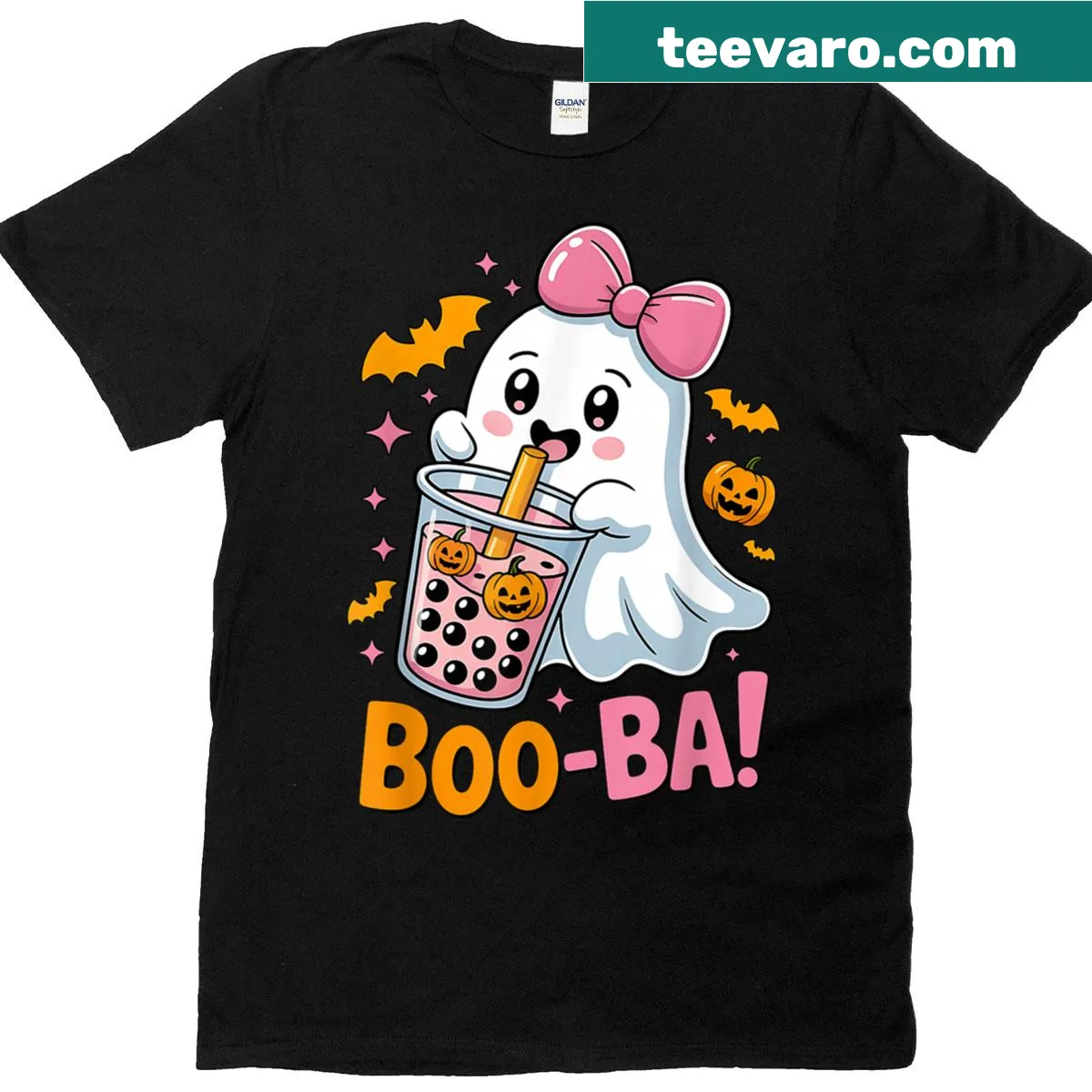 Kawaii Halloween T-shirt with cute ghost and boba design — on a men's t-shirt