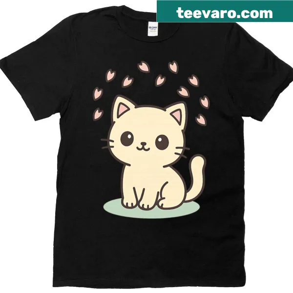 Cute cat surrounded by pastel petals on a kawaii t-shirt