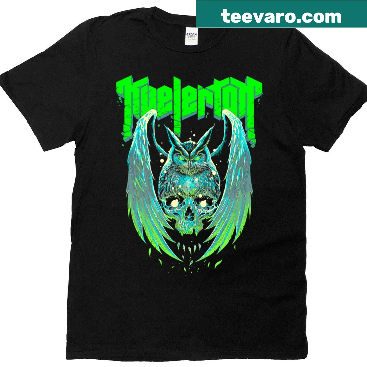Owl skull graphic on Kvelertak band t-shirt — on a men's t-shirt