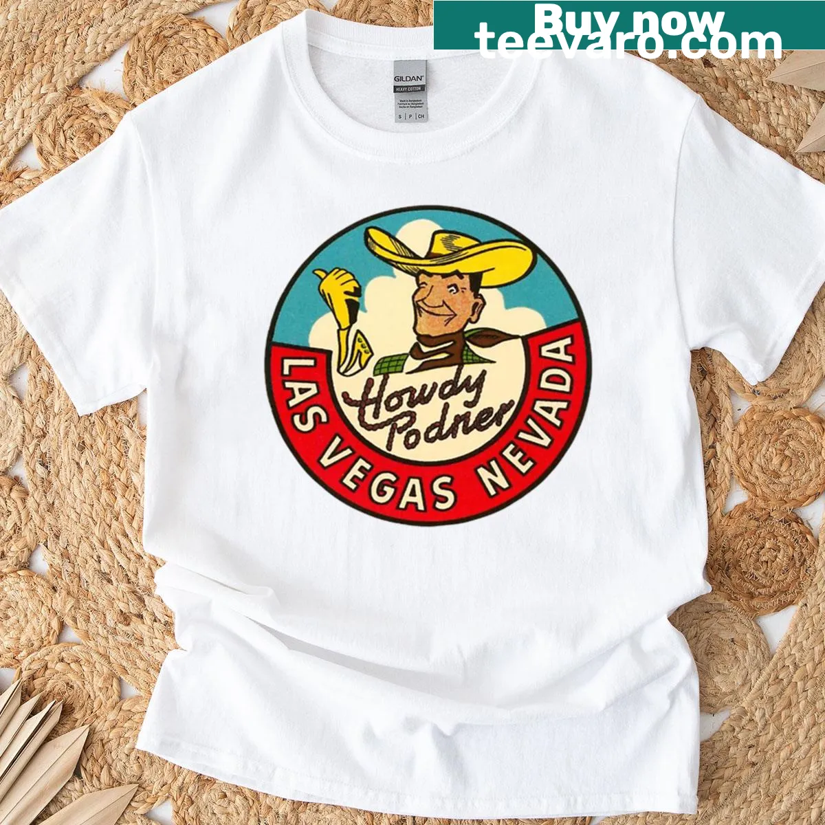 Vintage style Las Vegas Howdy Podner t-shirt with Western font — on a men's t-shirt