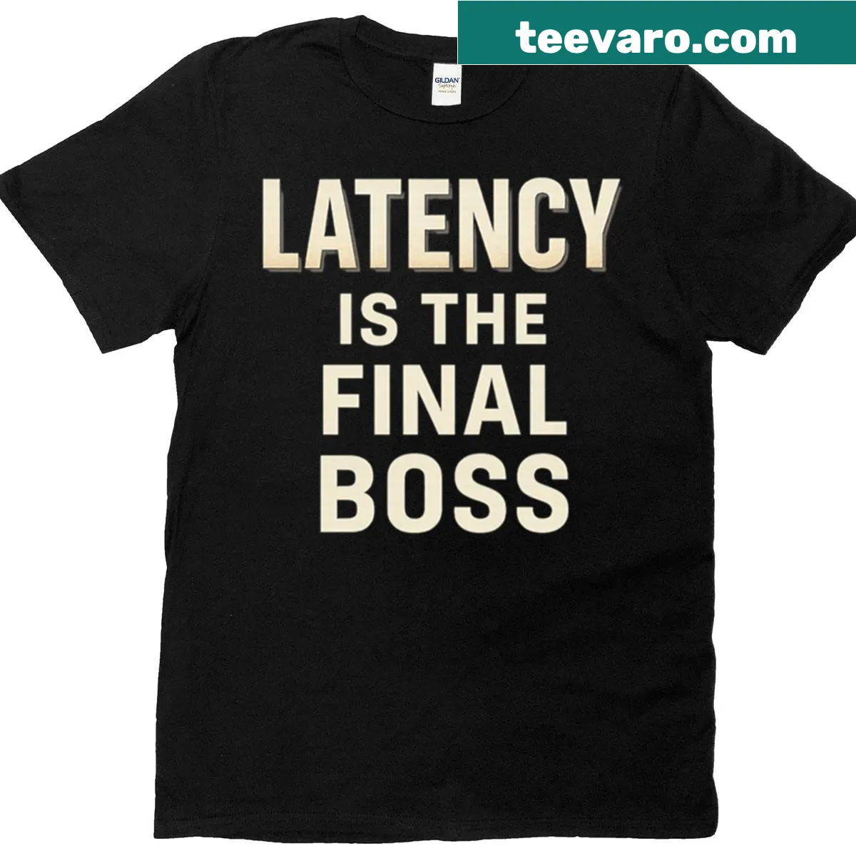 Gamer typography T-shirt with latency quote — on a men's t-shirt