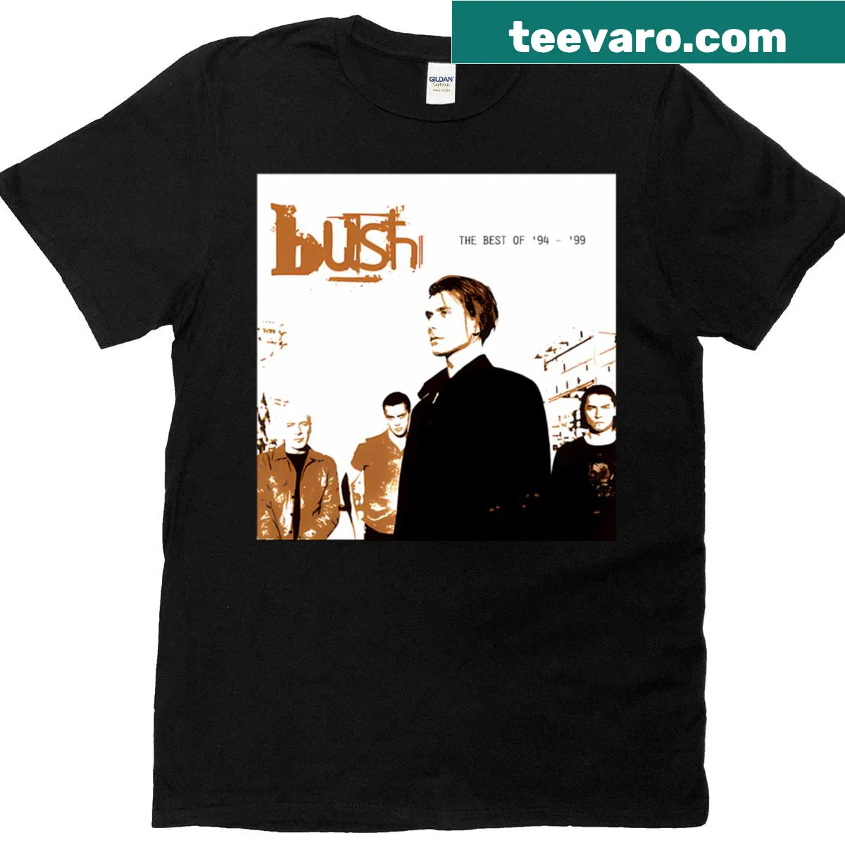 Vintage-style 90s music band tour logo t-shirt — on a men's t-shirt