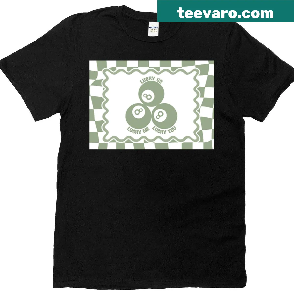 Text design celebrating luck and positivity in sage green — on a men's t-shirt