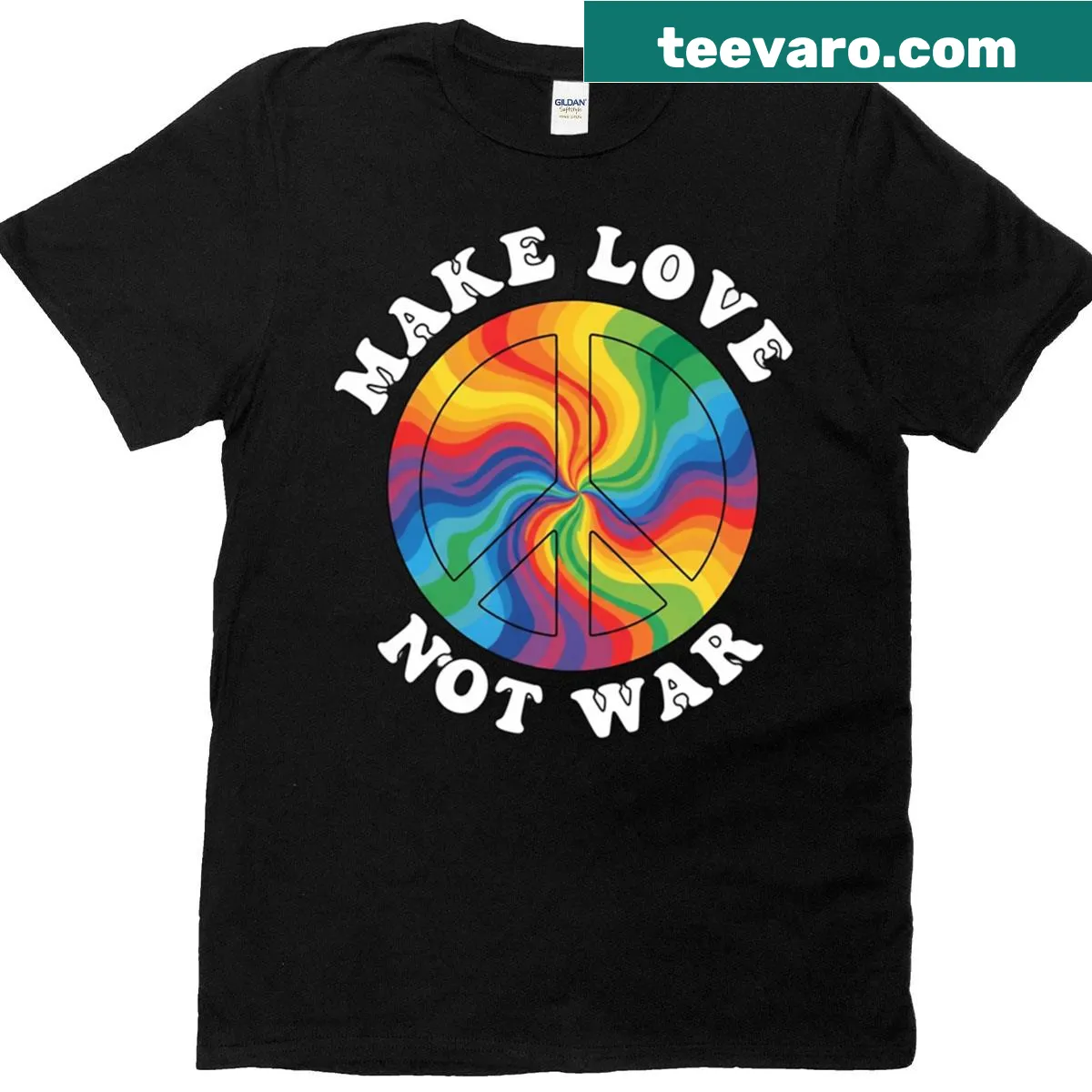 Inspirational t-shirt with a sunrise horizon and 'Make Love Not War' message — on a men's t-shirt