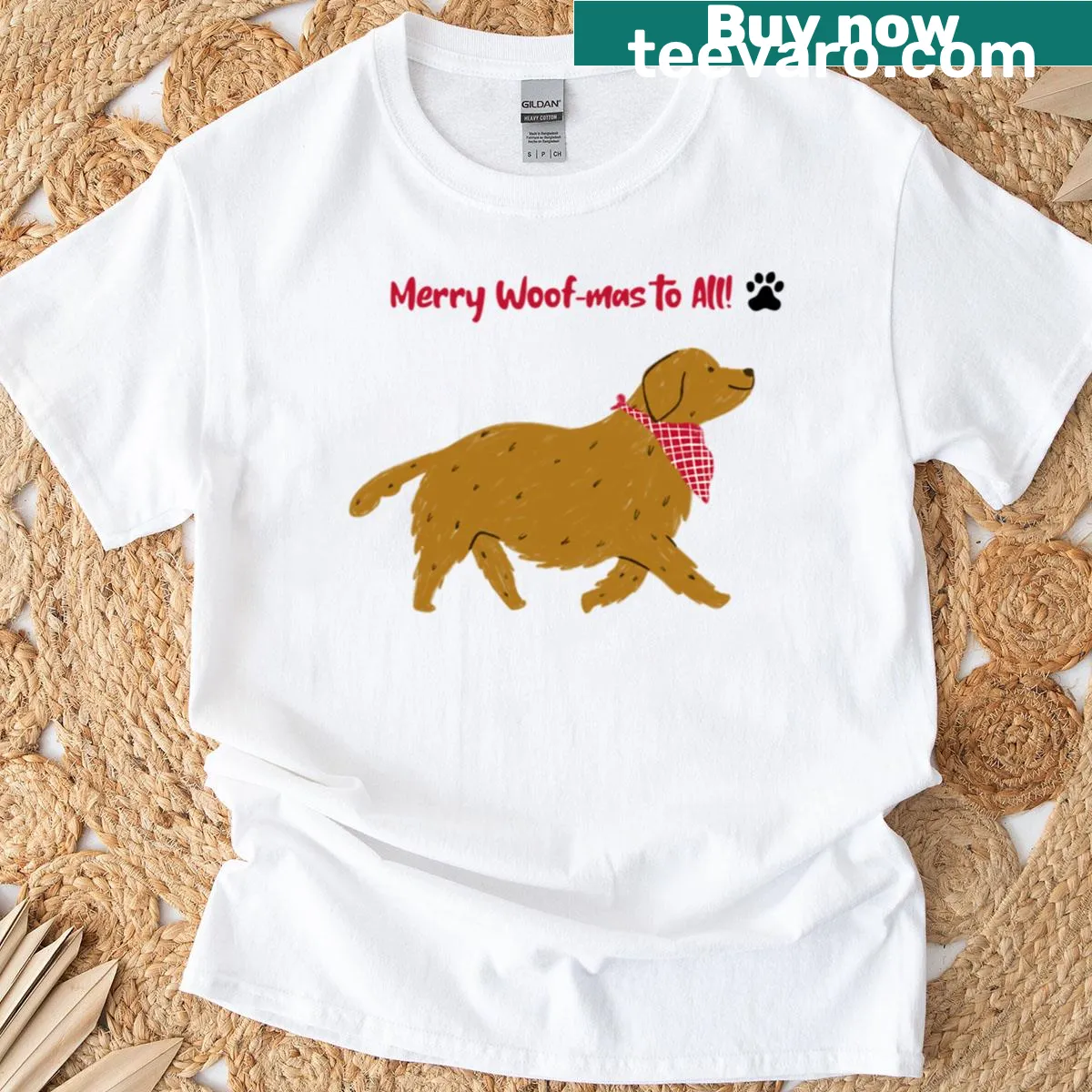 Vintage-style Merry Woof-mas T-shirt with festive dog graphic and text — on a men's t-shirt