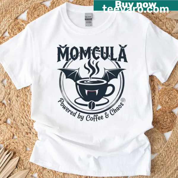 Momcula logo T-shirt featuring coffee chaos design