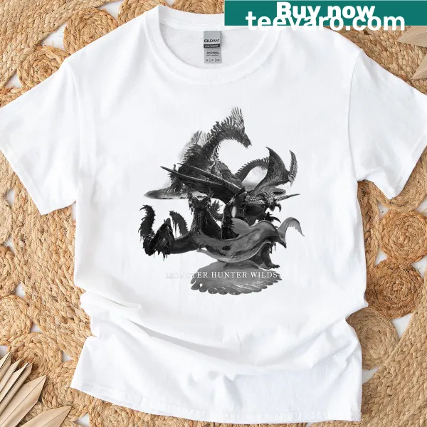 Illustration of apex predators from Monster Hunter on a T-shirt