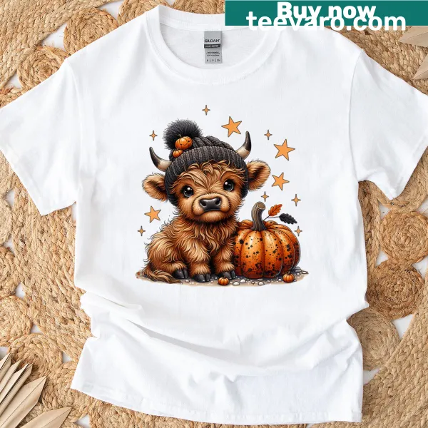 Cute Highland cow with pumpkins Halloween T-shirt for kids