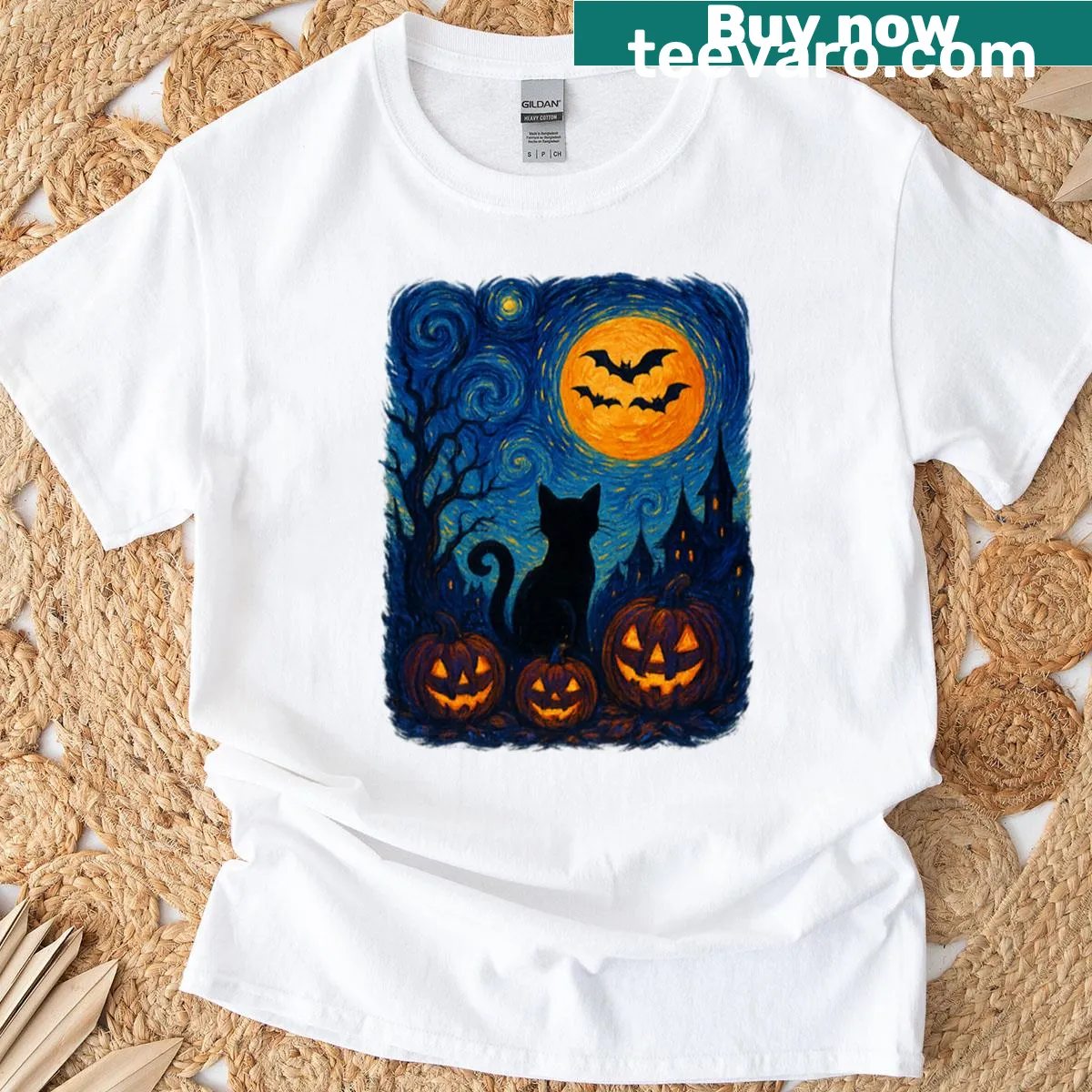 T-shirt with a whimsical design of a black cat, pumpkins, and a starry moon — on a men's t-shirt