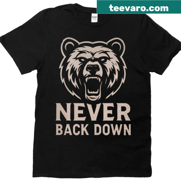 Never Back Down Bears logo on a boxy T-shirt for sports fans